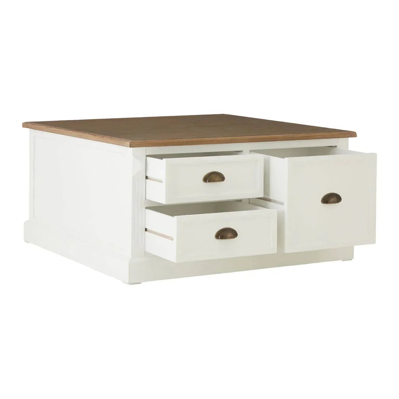 White wooden coffee table with oak top and three open storage drawers, angled front view