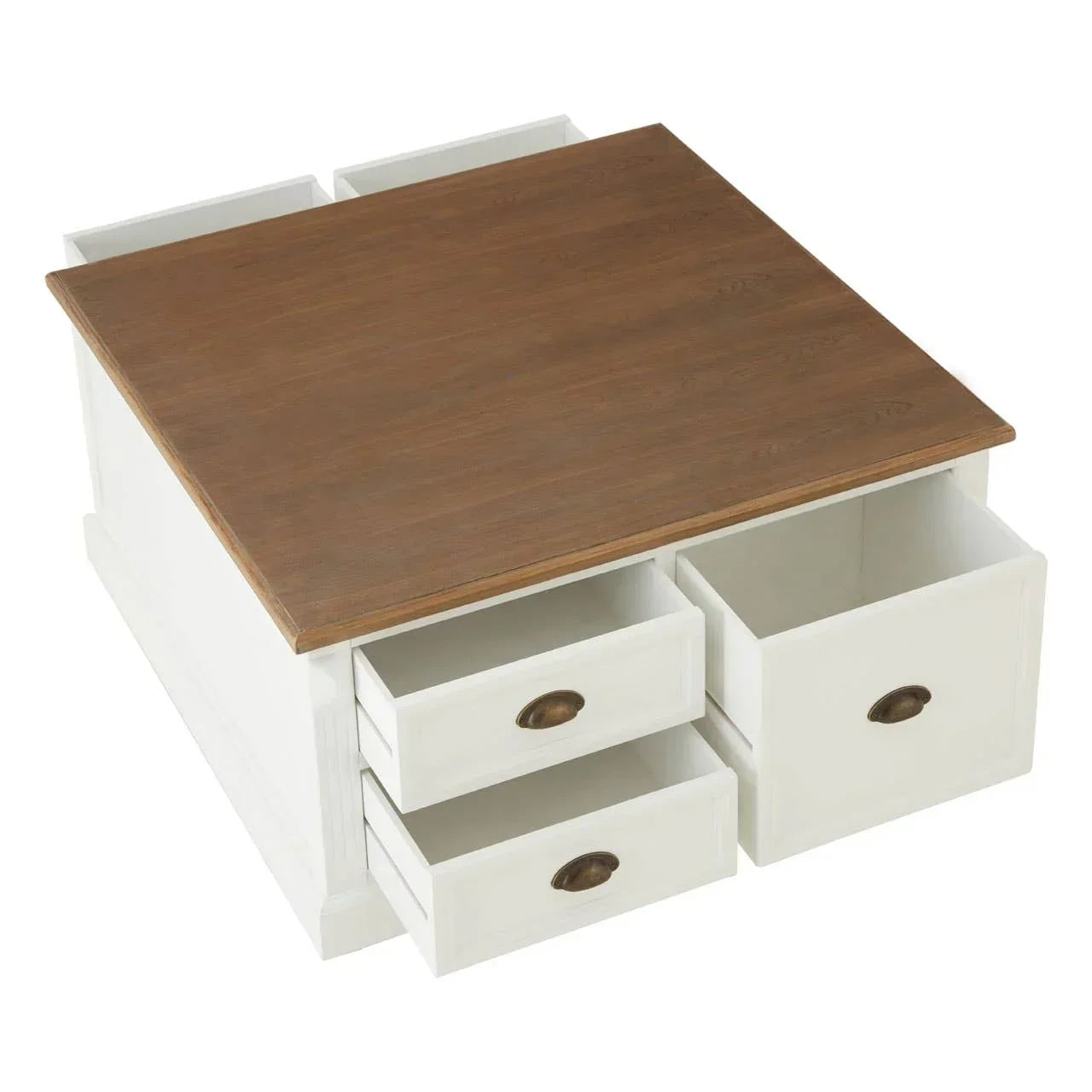 Square coffee table with white base, wood top, and four open drawers with brass handles