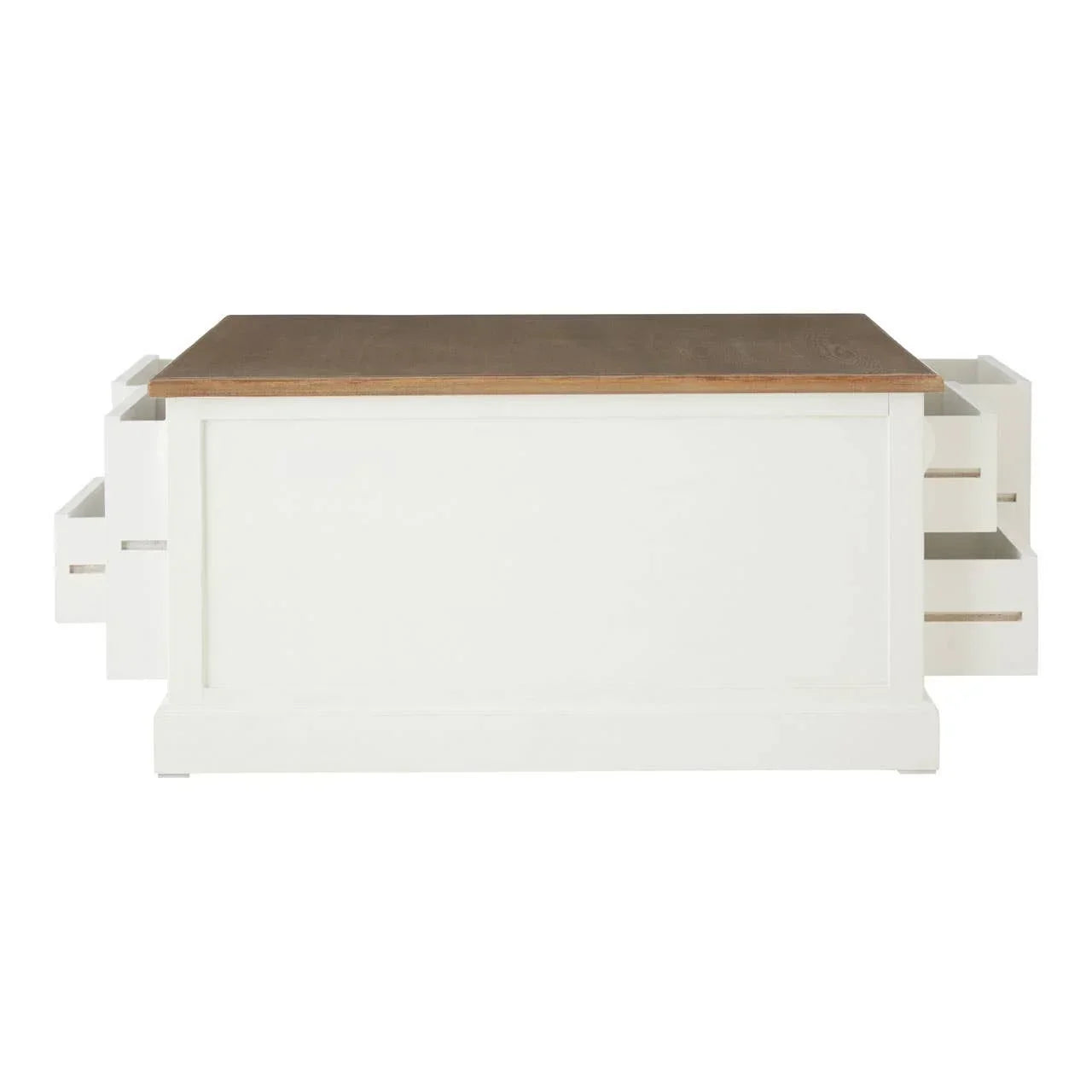 White storage bench with oak top and side drawers open, front angle view