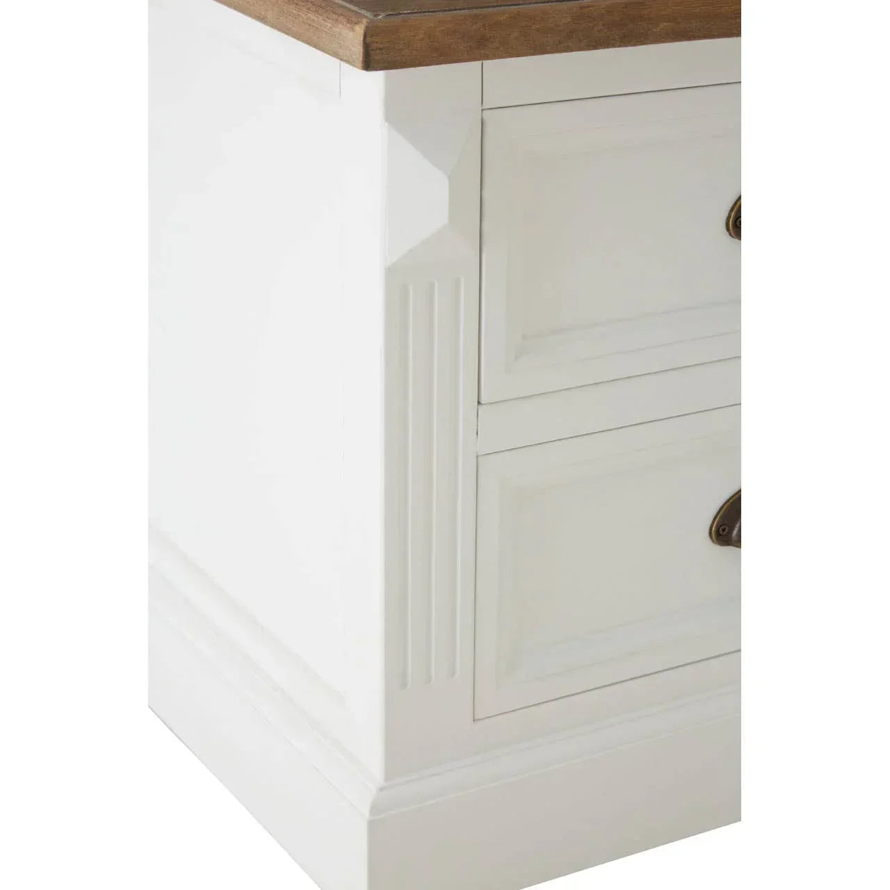 White wooden sideboard corner with two drawers and oak top detail