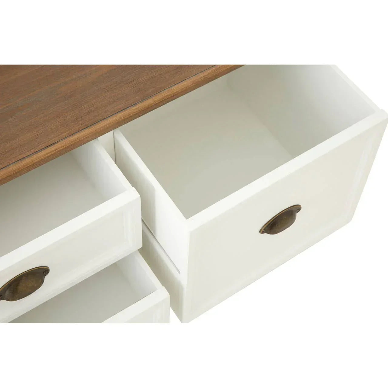 White wooden chest of drawers with open drawers and dark metal handles, walnut top panel