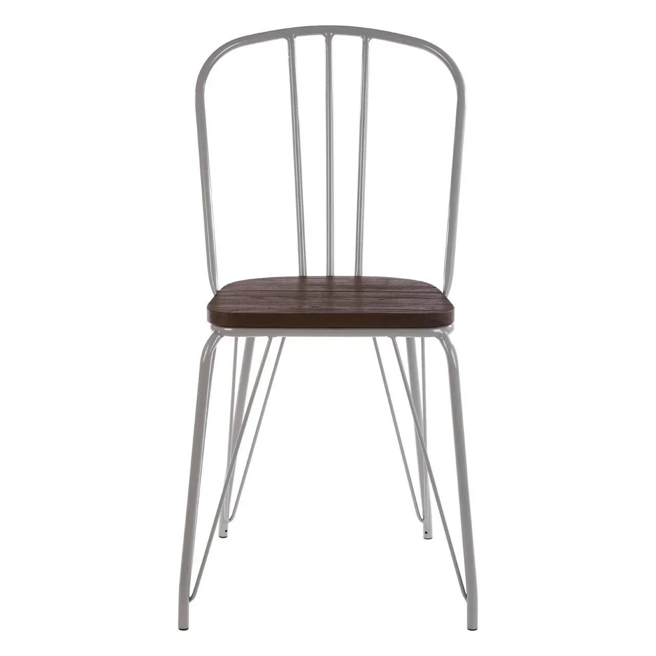 Metal dining chair with a dark wood seat and white frame, front view on white background