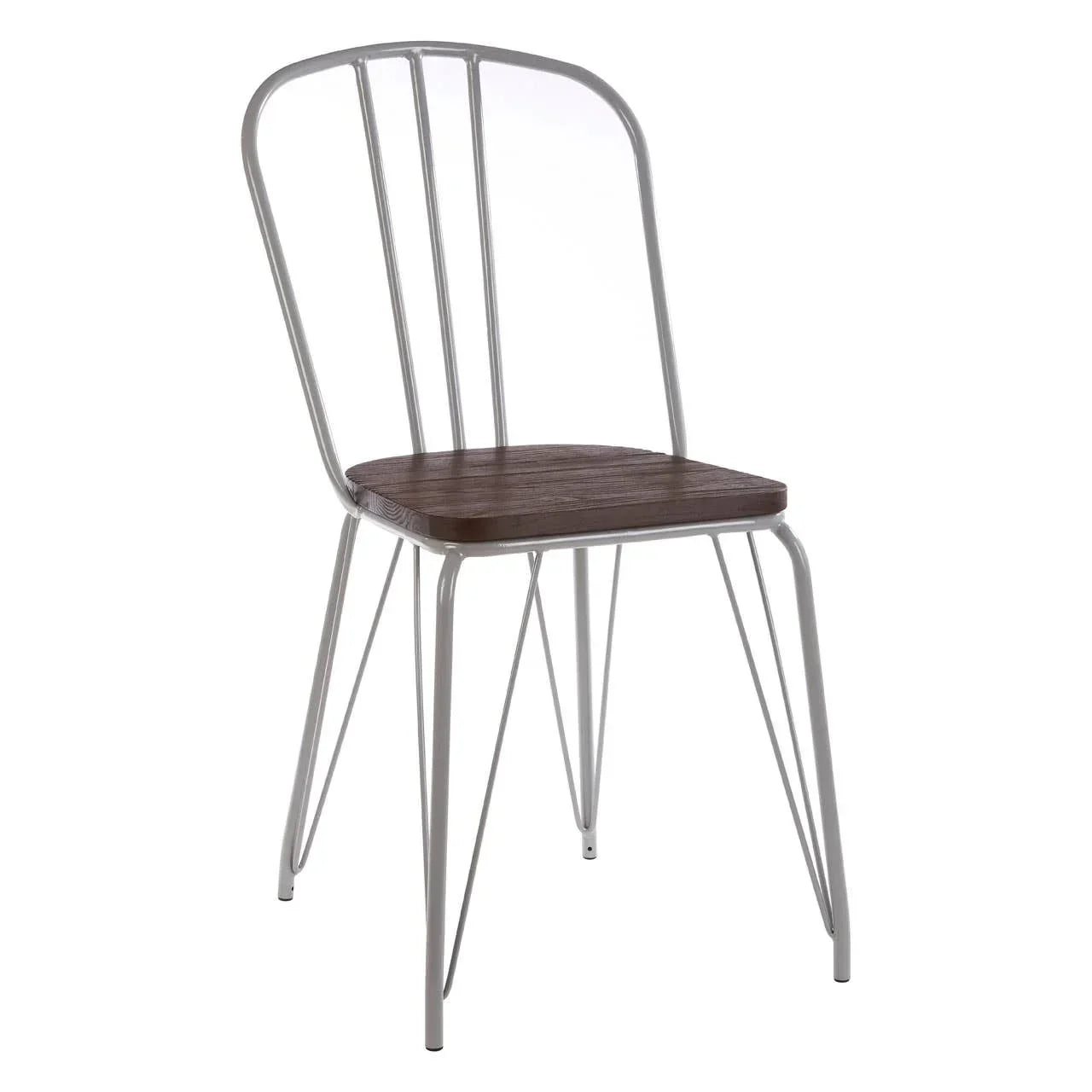 Industrial dining chair with white metal frame and dark wood seat, angled view