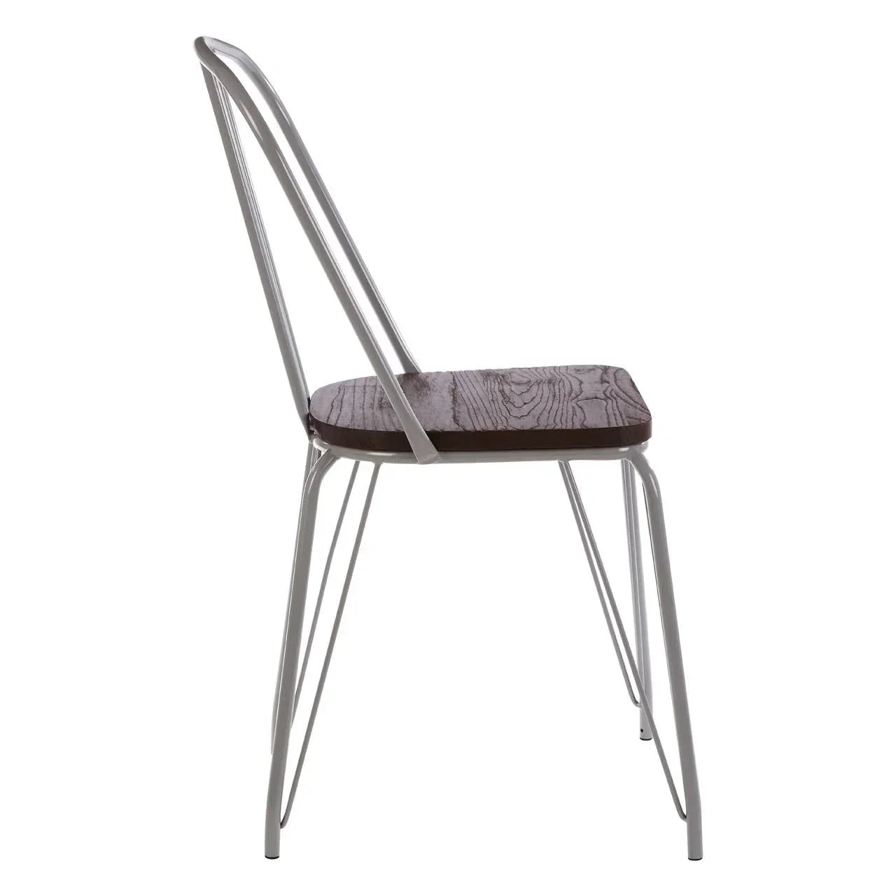 Side view of metal dining chair with dark wood seat and slim backrest