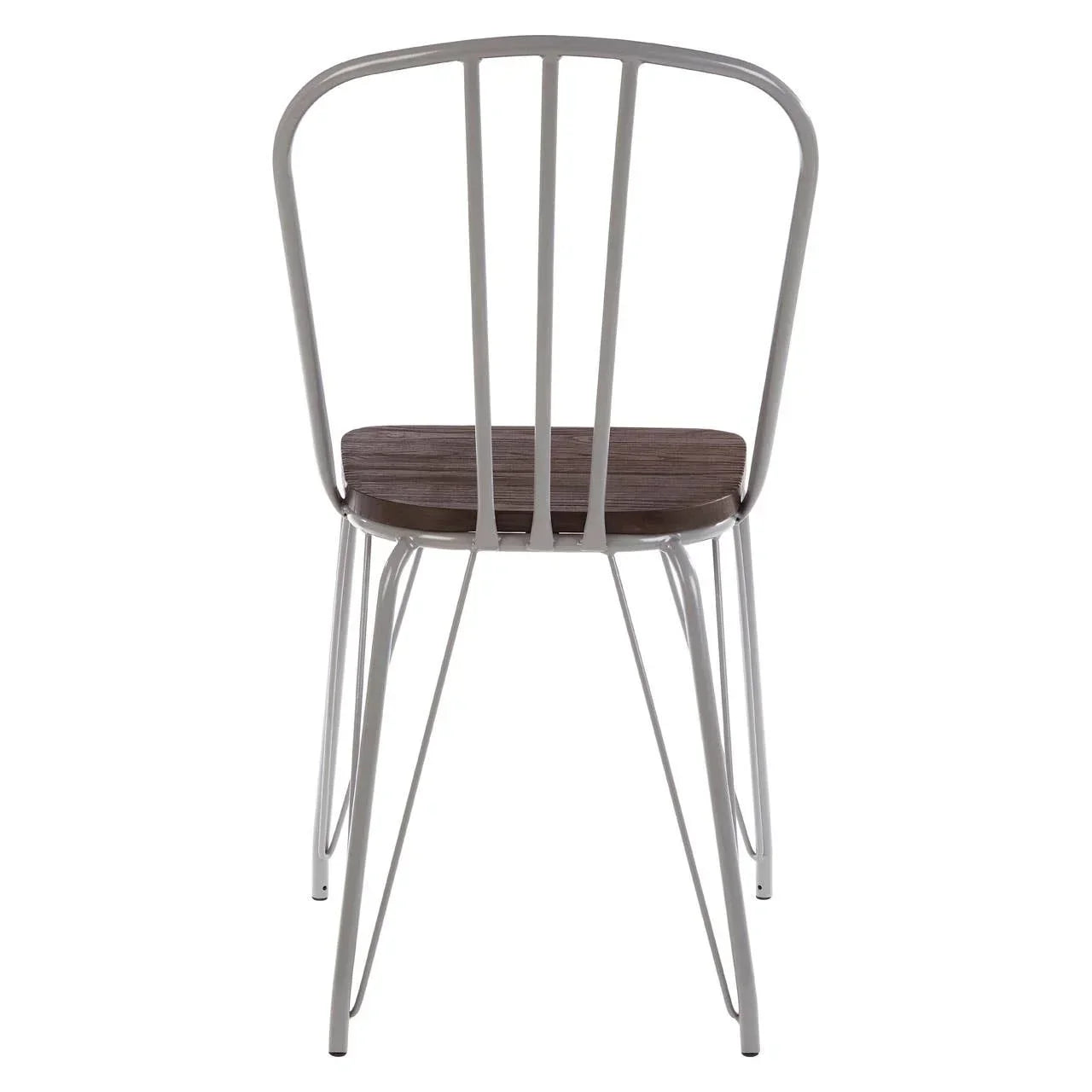 Metal dining chair with curved backrest and dark wood seat, rear view