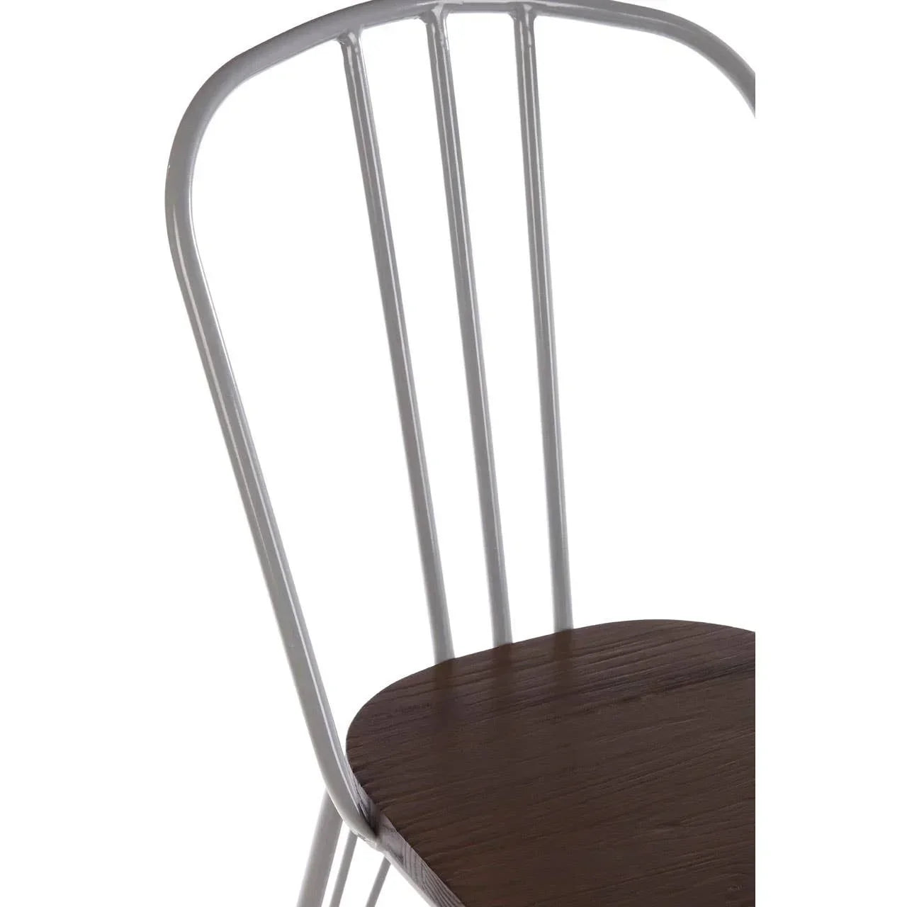 Metal dining chair with slatted backrest and dark wood seat, close up angle