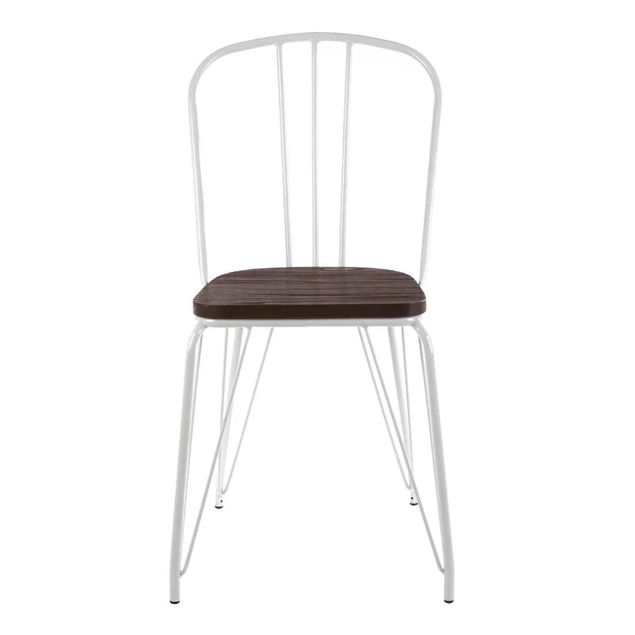 White metal dining chair with a dark wooden seat, front view