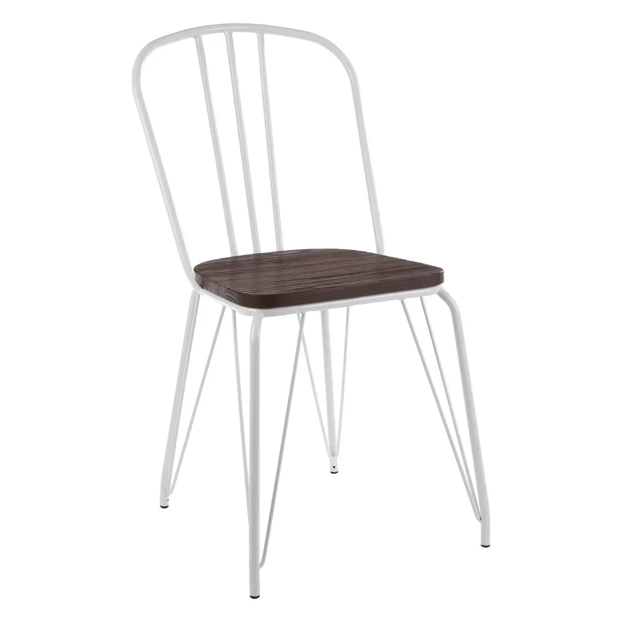 White metal dining chair with slatted dark wood seat and curved backrest