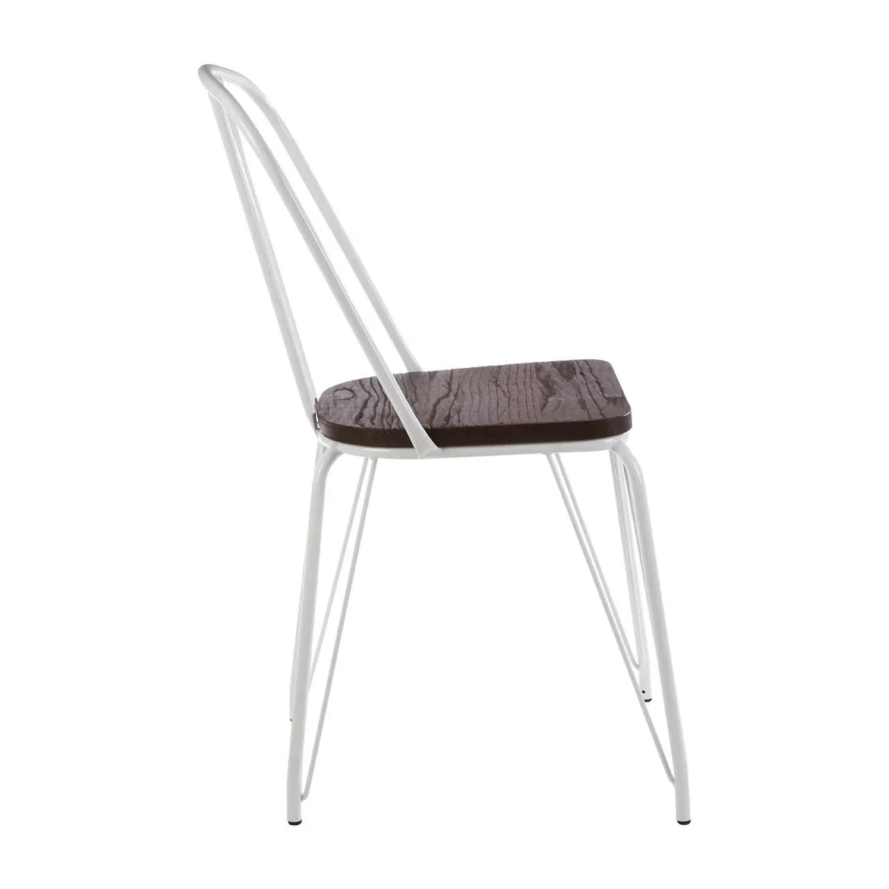White metal dining chair with curved back and dark wood seat, side view
