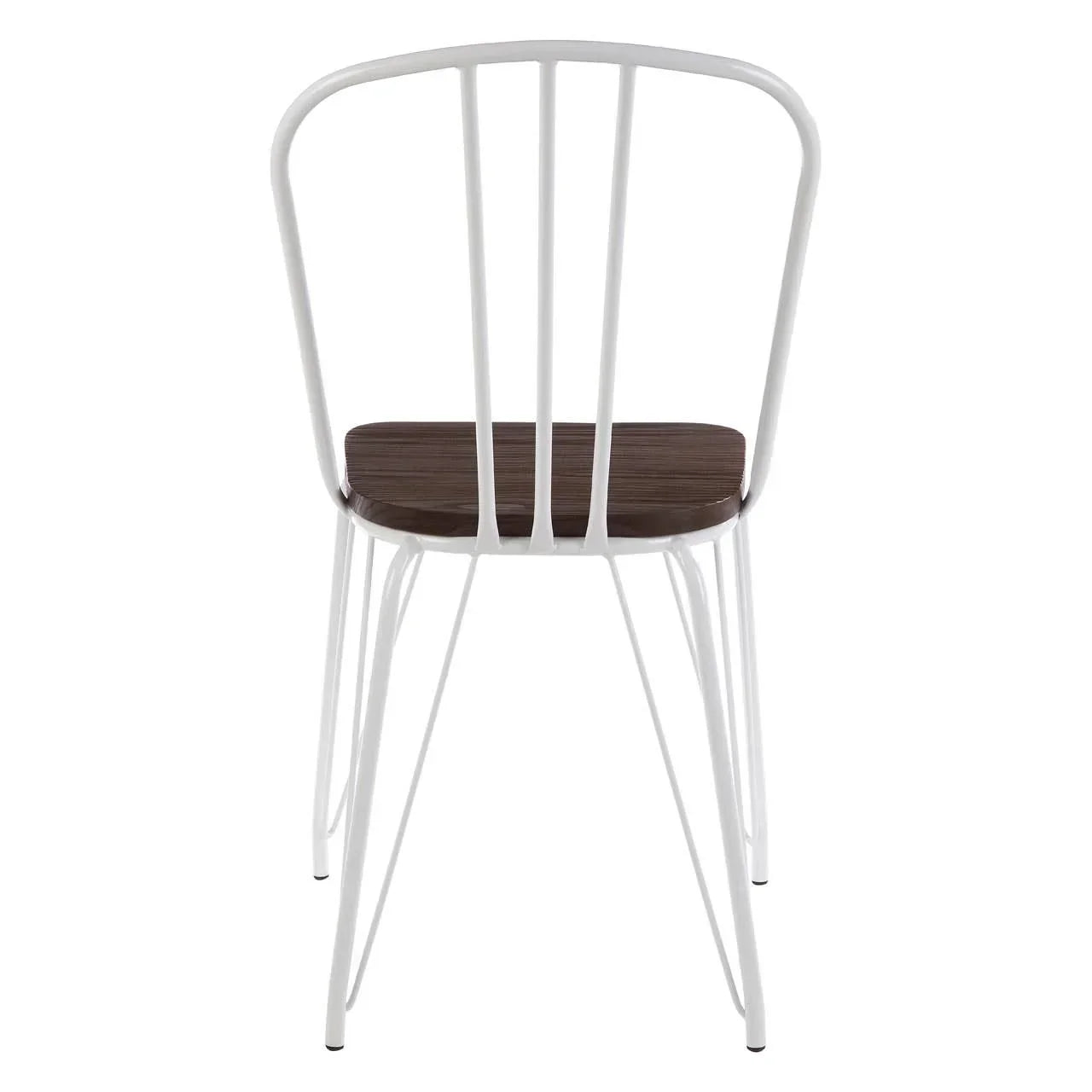 white metal dining chair with curved back and dark wooden seat, rear angle view
