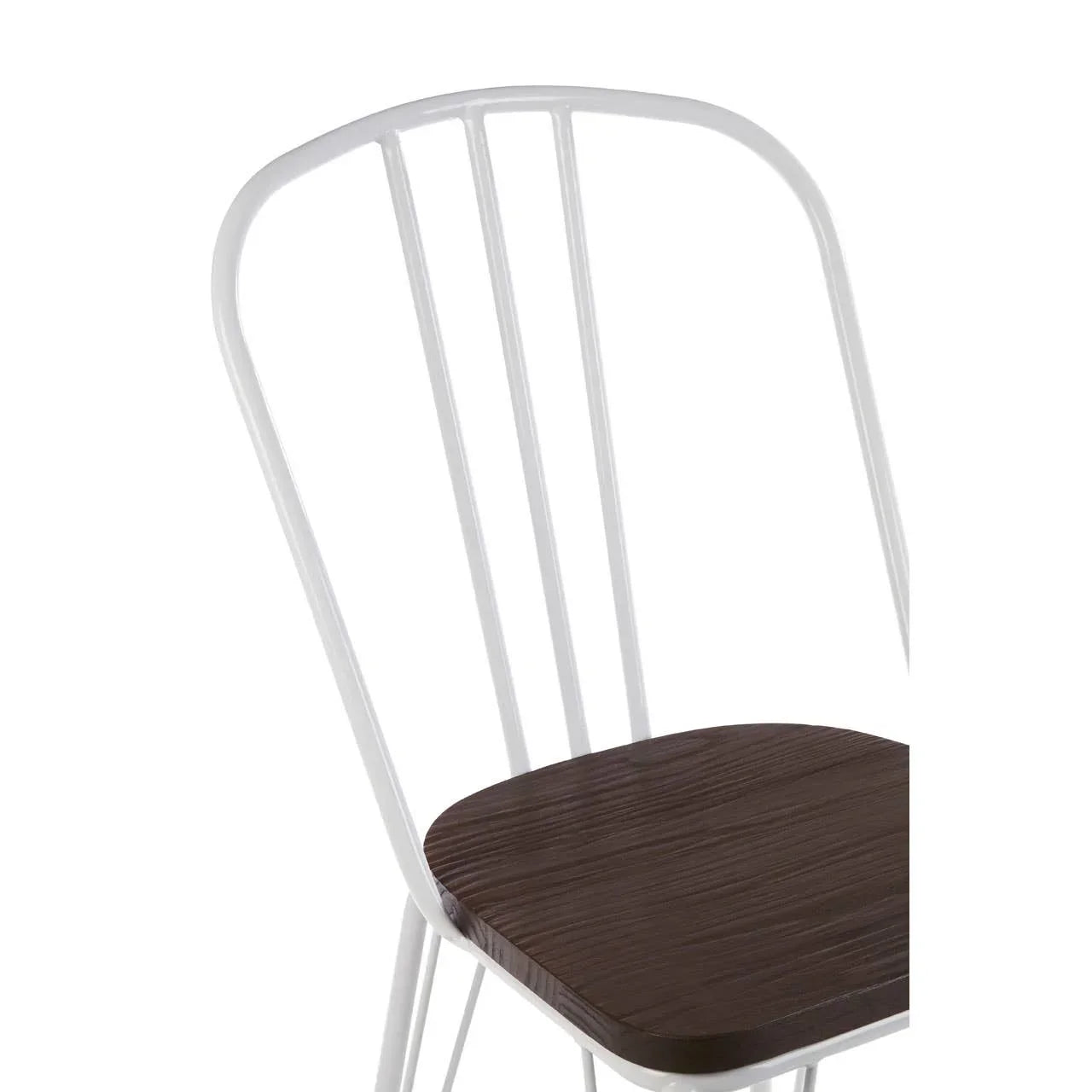 White dining chair with slatted backrest and dark wood seat, close side angle view