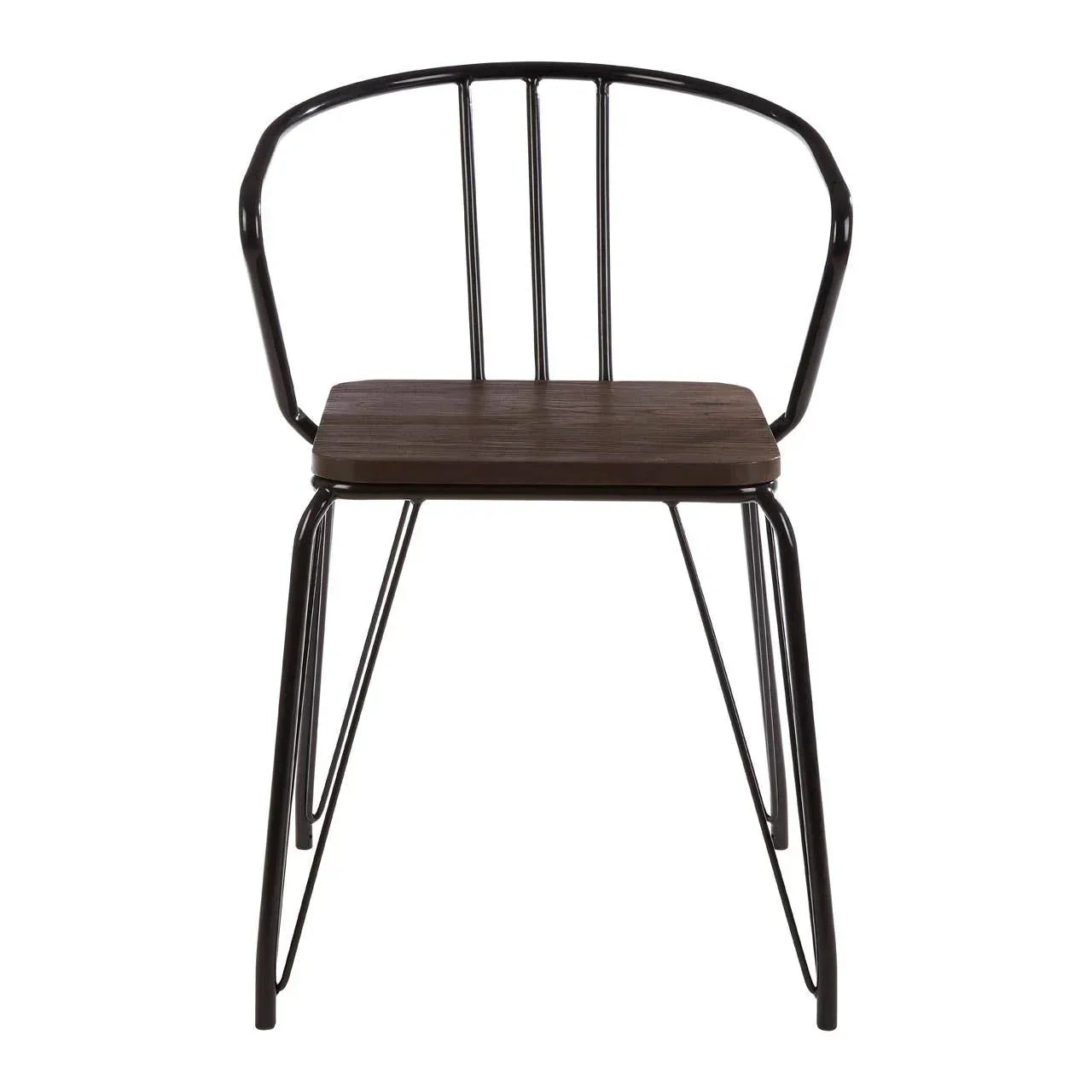 Black metal dining chair with curved backrest and dark wood seat, front view