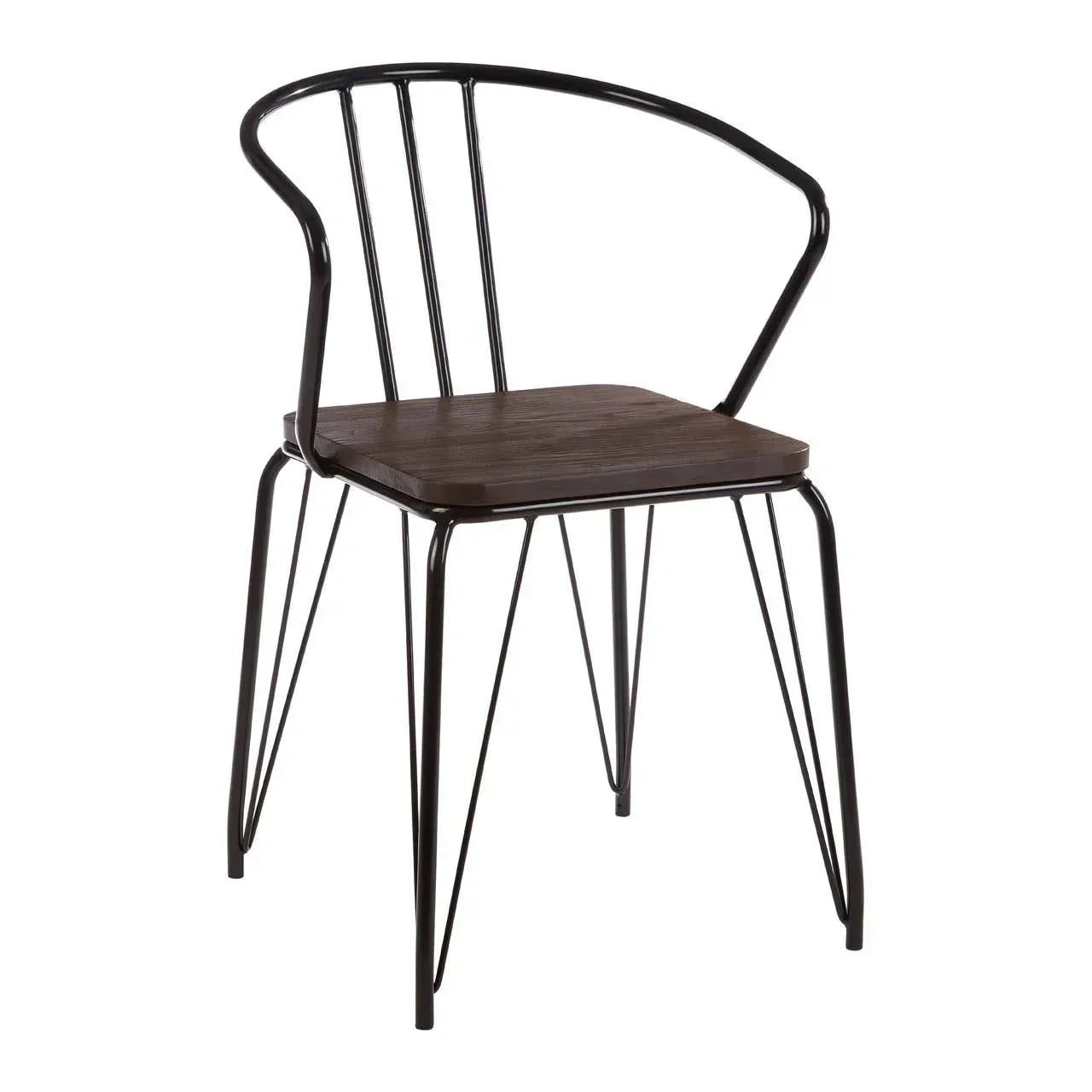 Industrial dining chair with black metal frame and dark wood seat, angled front view