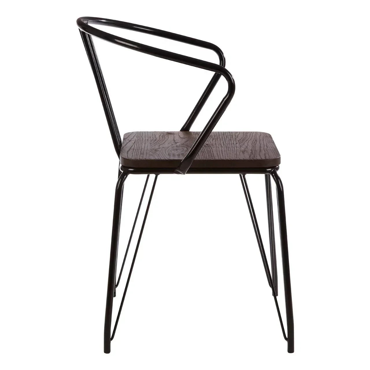 Industrial dining chair with black metal frame and dark wooden seat, side view