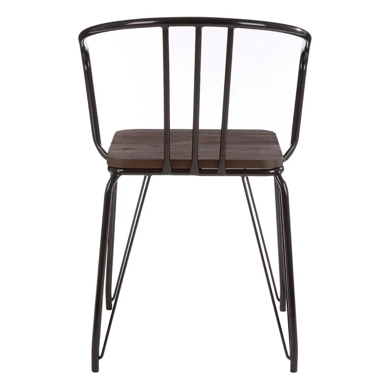 Black metal dining chair with curved backrest and wood seat, rear view