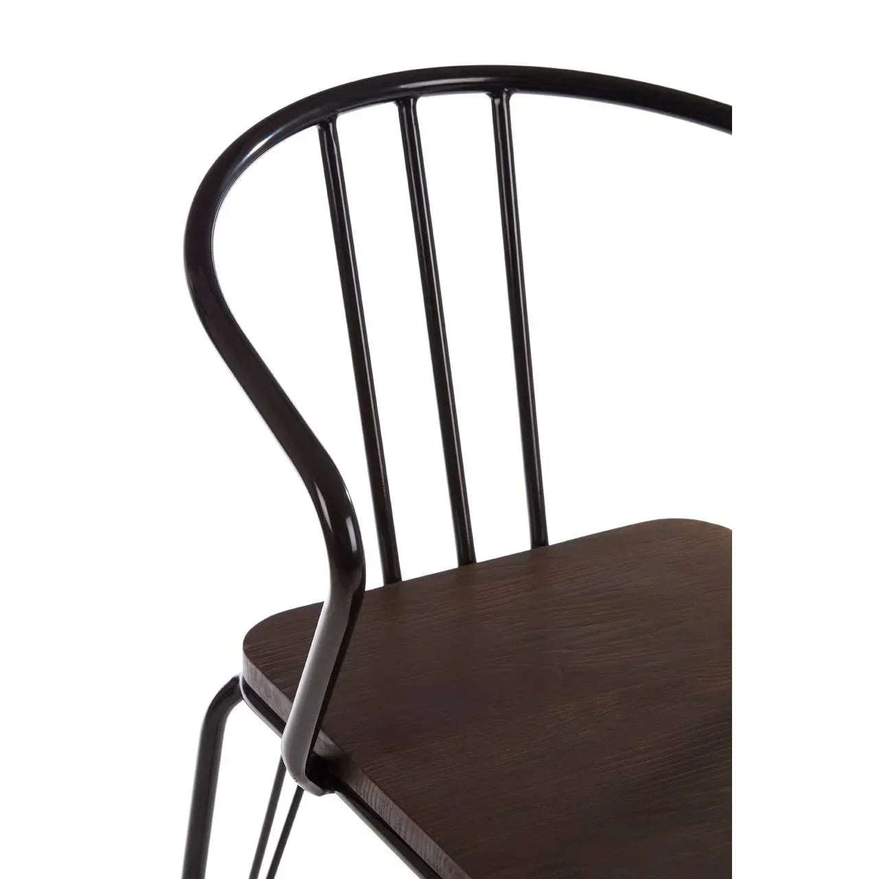 Black metal dining chair with curved backrest and dark wood seat, close view