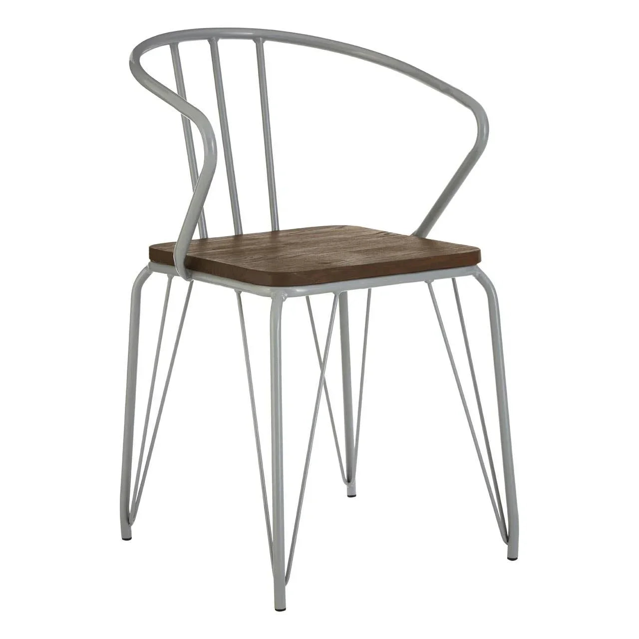 Modern dining chair with metal frame and wooden seat, angled view