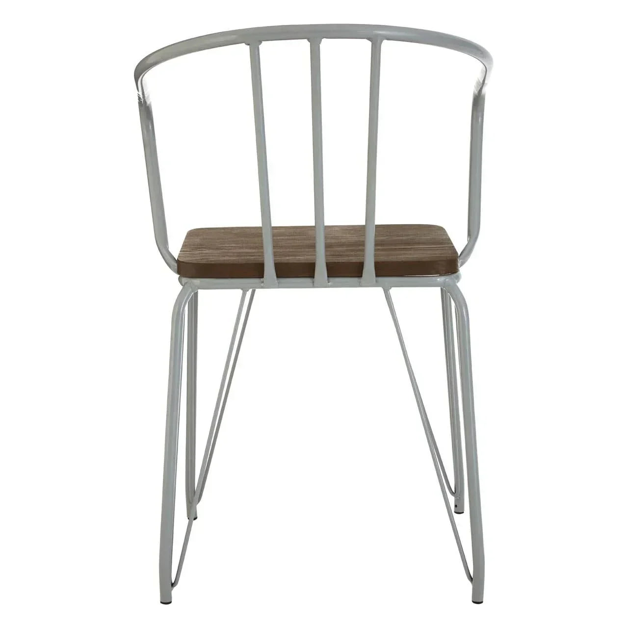 White metal dining chair with curved back and wooden seat, rear view