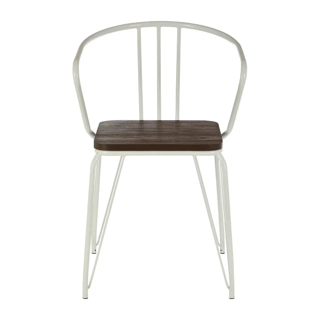 White metal dining chair with curved backrest and dark wooden seat, front view