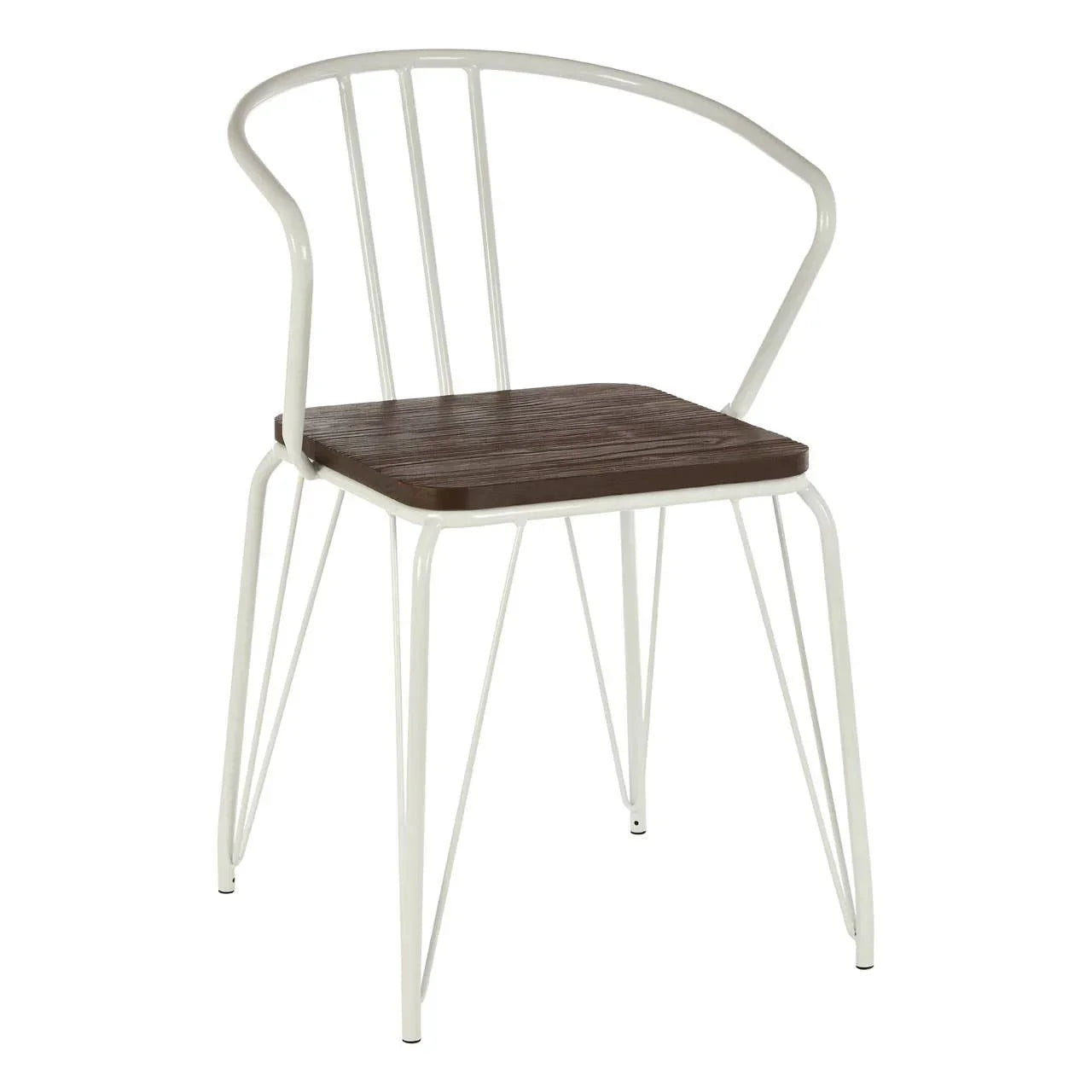 Metal dining chair with brown wood seat and curved white frame
