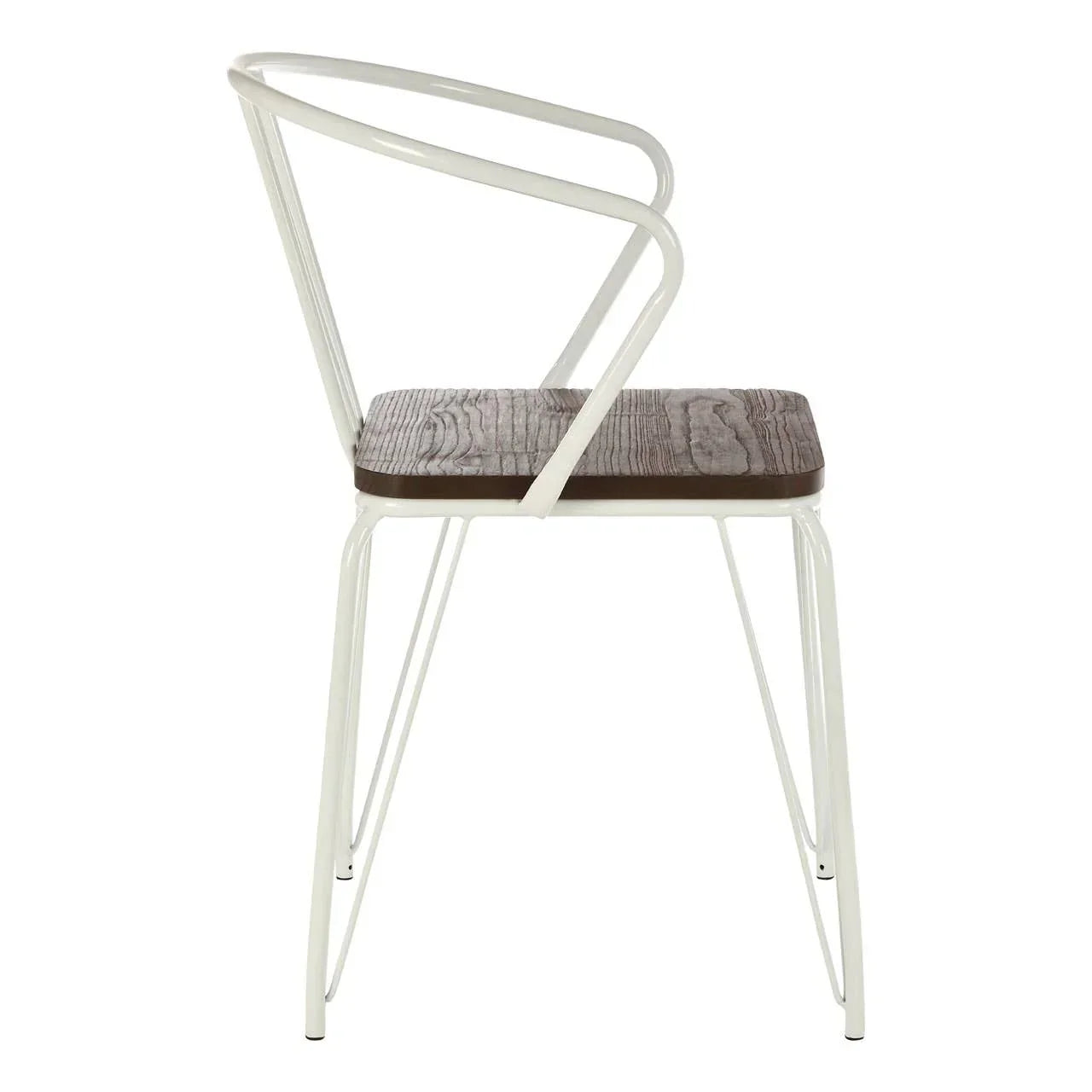 White metal dining chair with curved backrest and wood seat, side view