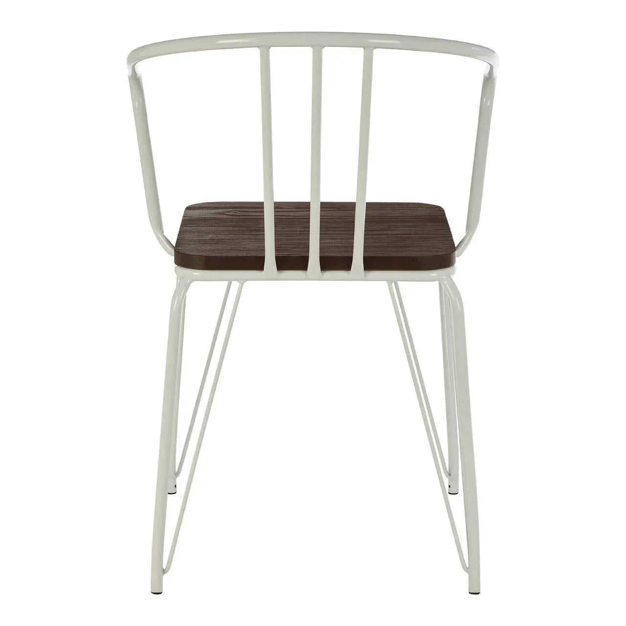 White metal dining chair with curved backrest and dark wood seat, rear view