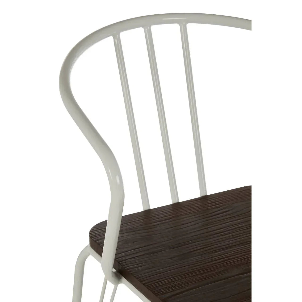 White metal dining chair with curved backrest and dark wood seat closeup