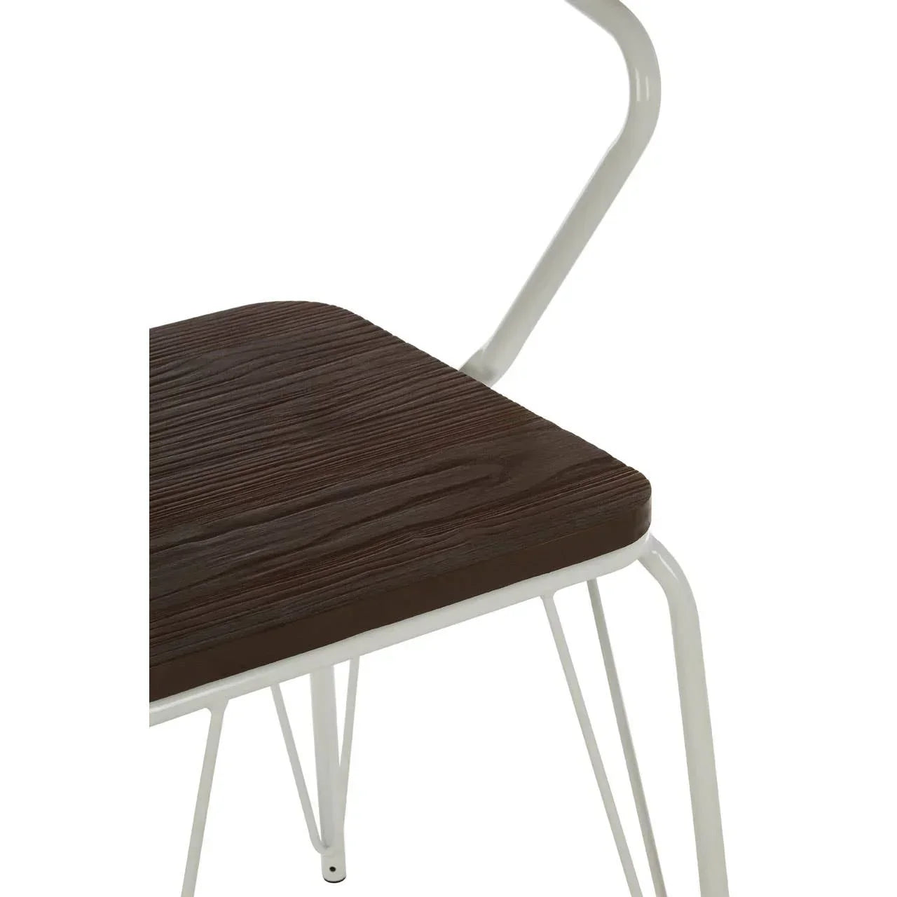 Close view of dining chair with dark wood seat and white metal frame