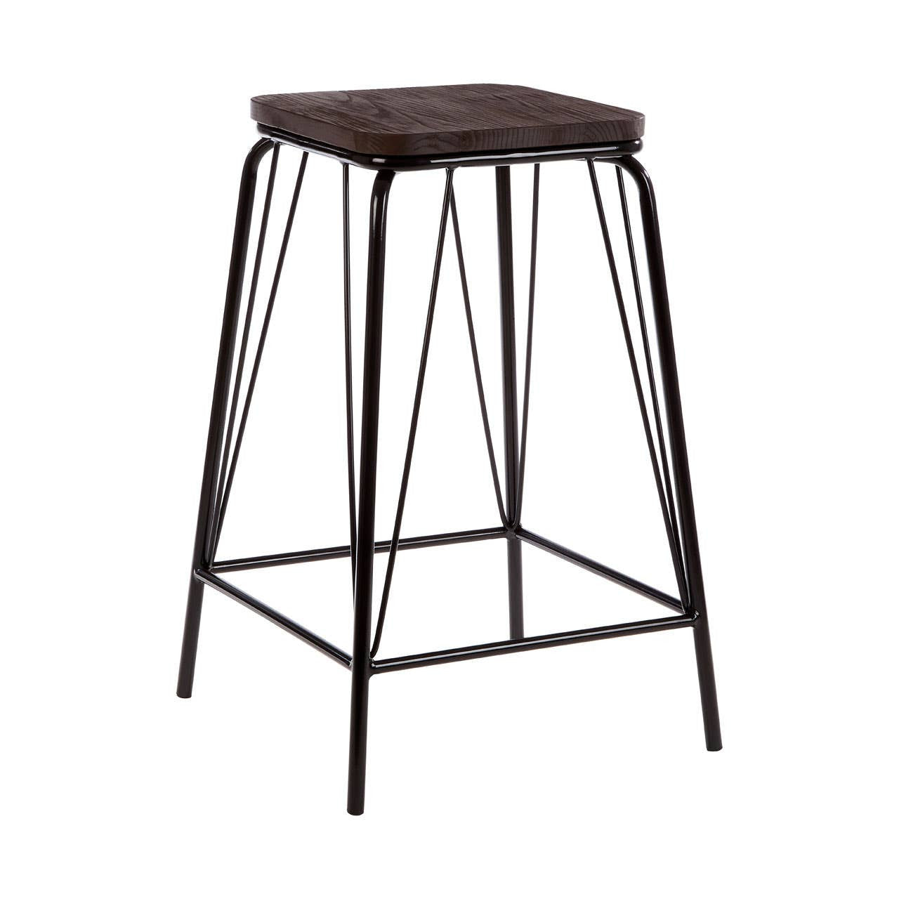Black metal stool with a square elm wood seat and slender, angular legs. The design features a minimalist aesthetic with a combination of wood and metal materials, showcasing a modern industrial style