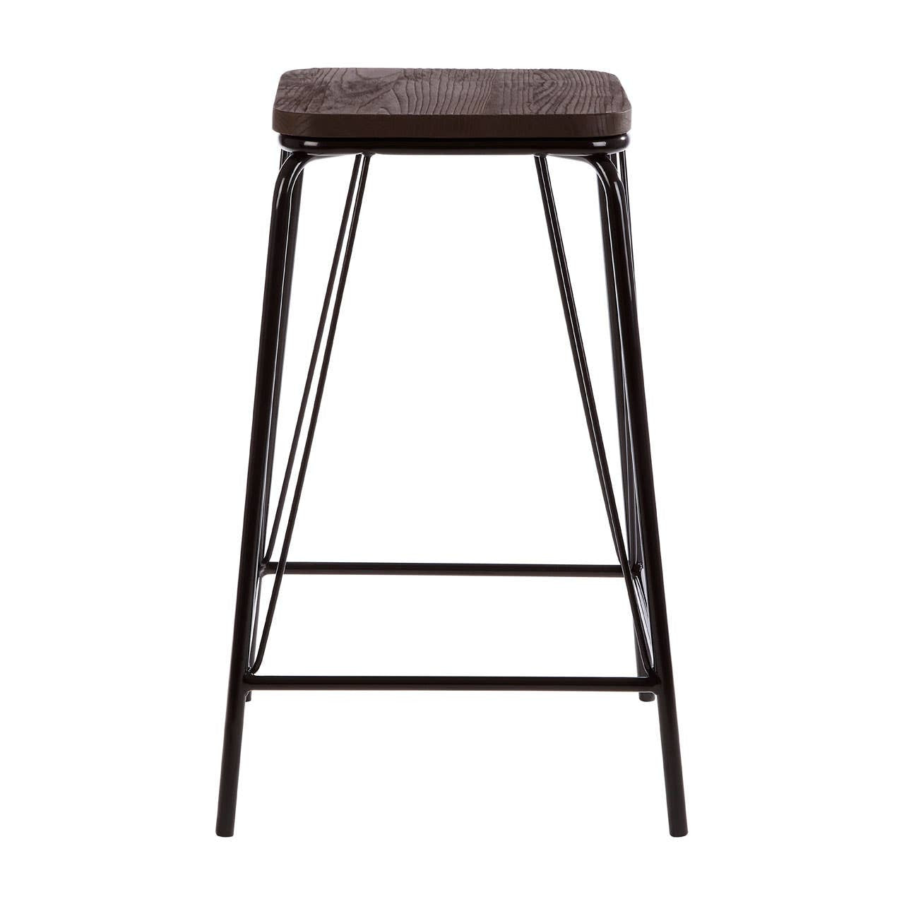A tall stool featuring a black metal frame and a rectangular elm wood seat, designed with clean lines and a minimalist aesthetic. The stool has four slender legs and a footrest for added comfort