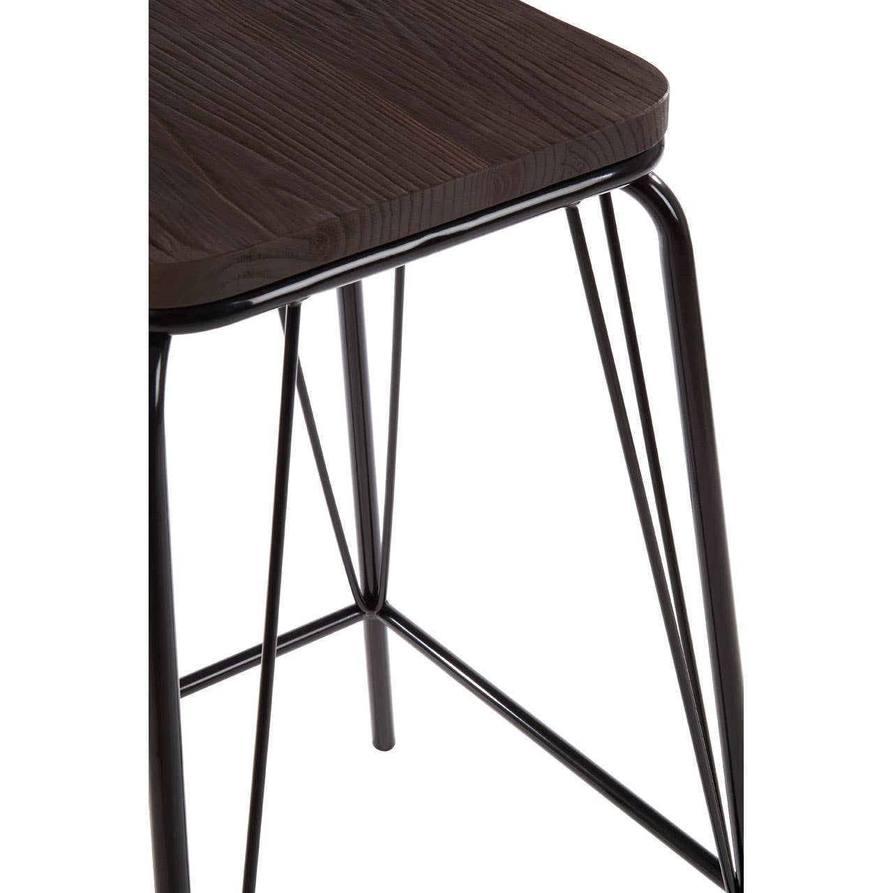 Black metal stool with a square elm wood seat, featuring slender, angled legs for a modern design. The wood has a rich, dark finish, complementing the sleek metal frame