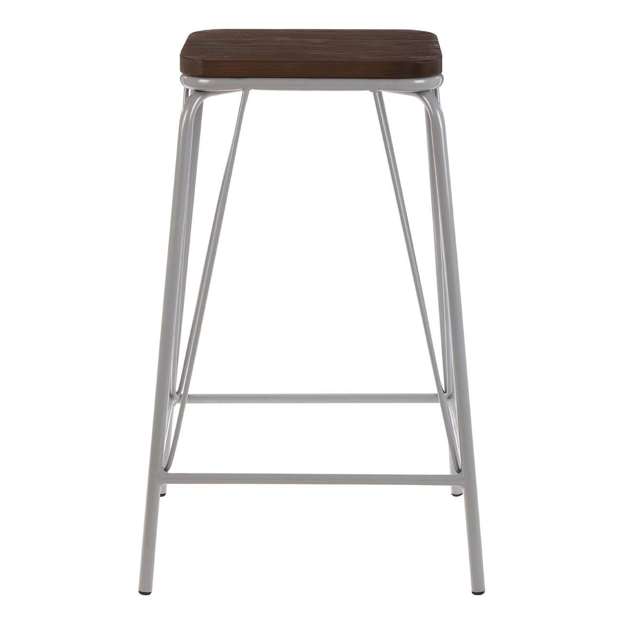 A tall stool featuring a grey metal frame and a dark brown elm wood seat, designed with clean lines and a minimalist aesthetic. The stool has a sturdy construction with a crossbar for added support