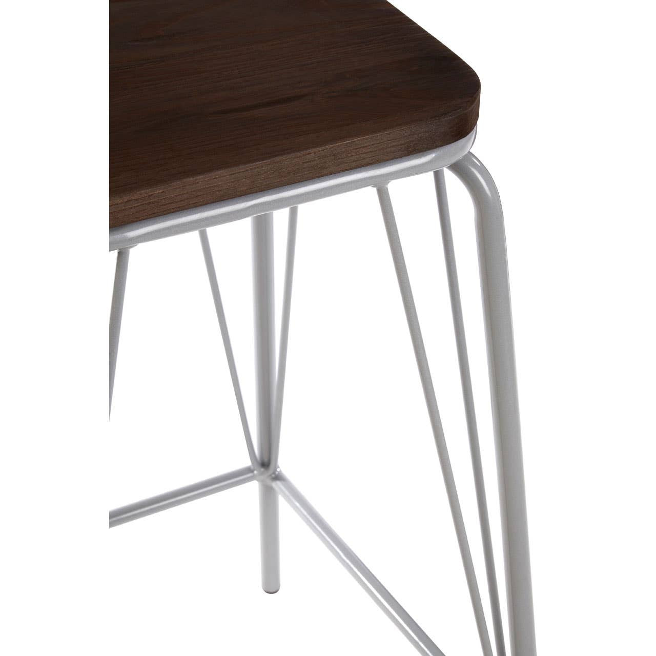 Grey metal stool featuring a sleek, modern design with a dark elm wood seat. The stool has a minimalist frame with thin, angled legs that provide stability and style