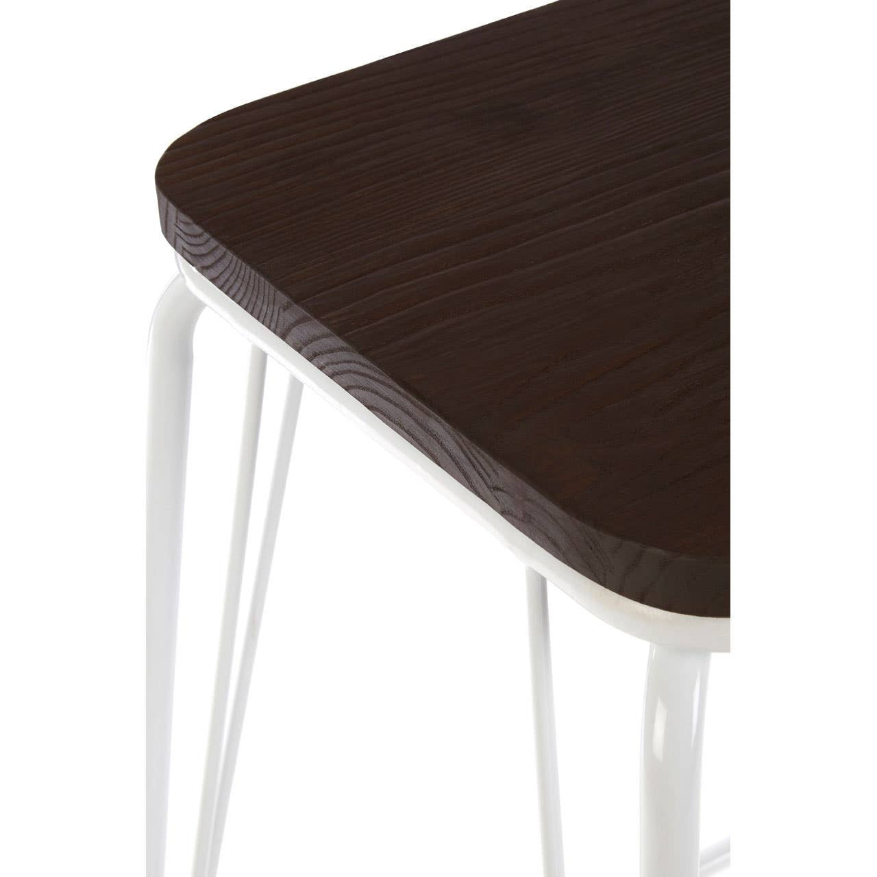 Close-up view of a stool featuring a dark elm wood seat with rounded edges and sleek white metal legs, showcasing a modern and minimalist design