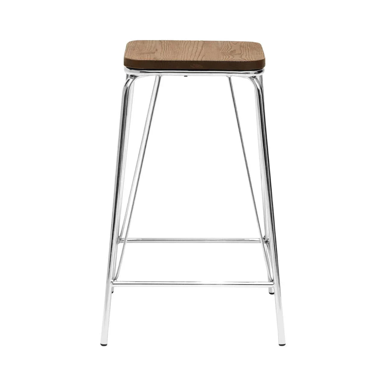 Bar stool with wooden seat and chrome metal legs, front view