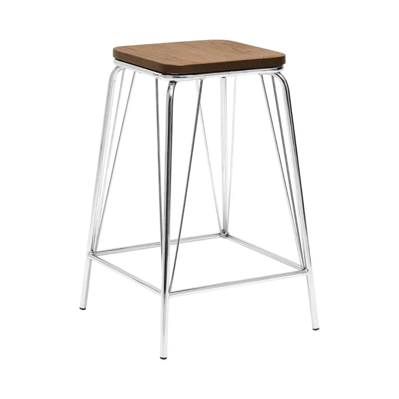 Square wooden seat stool with chrome metal frame, modern bar stool angle view