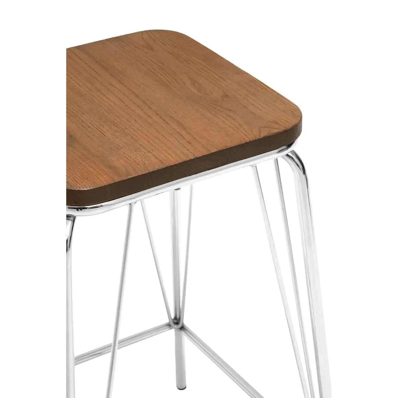 Bar stool with square wooden seat and chrome metal legs, corner angle view