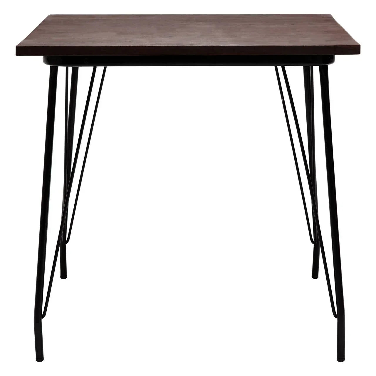Rectangular wooden dining table with black hairpin metal legs, front view