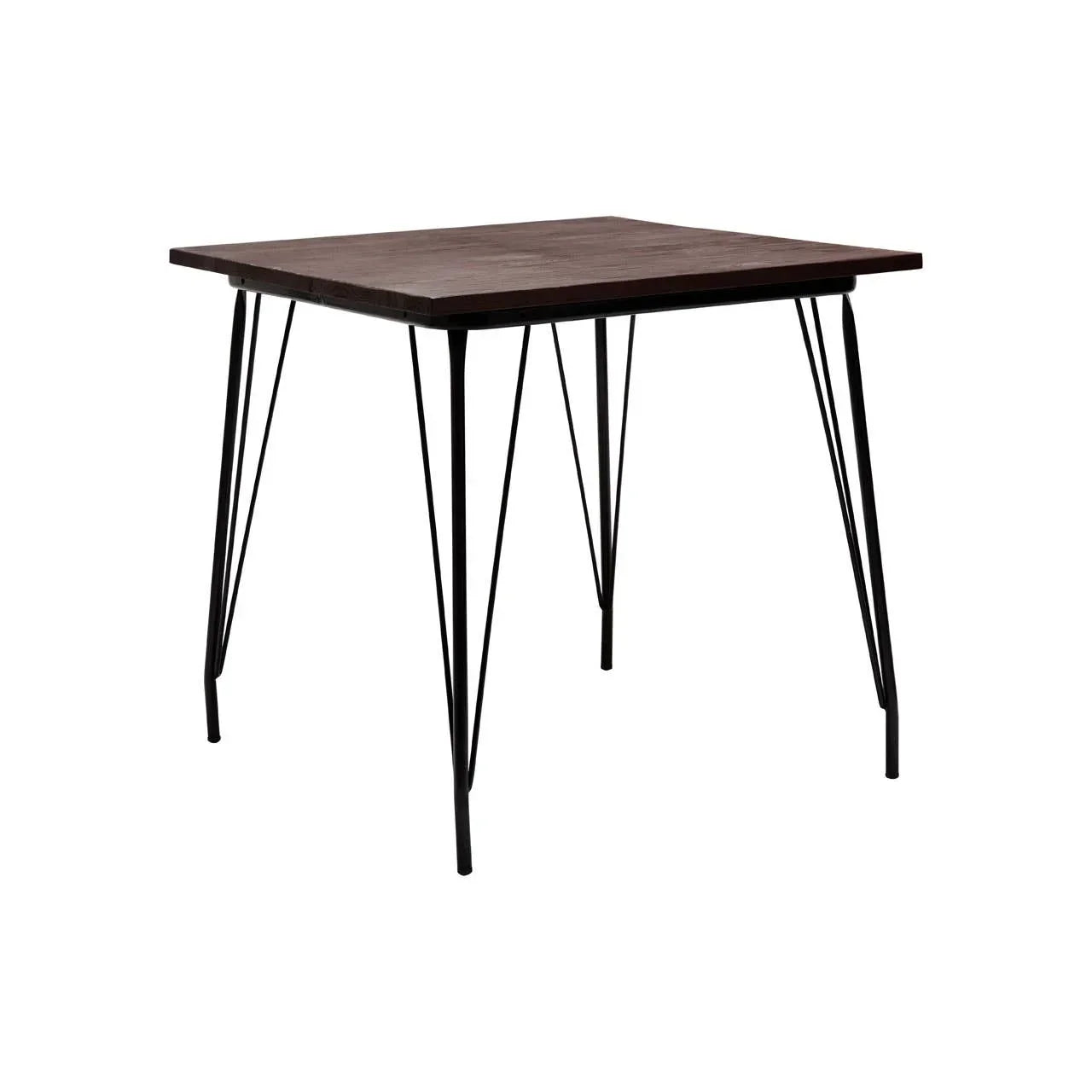 Square dining table with dark wood top and black metal hairpin legs