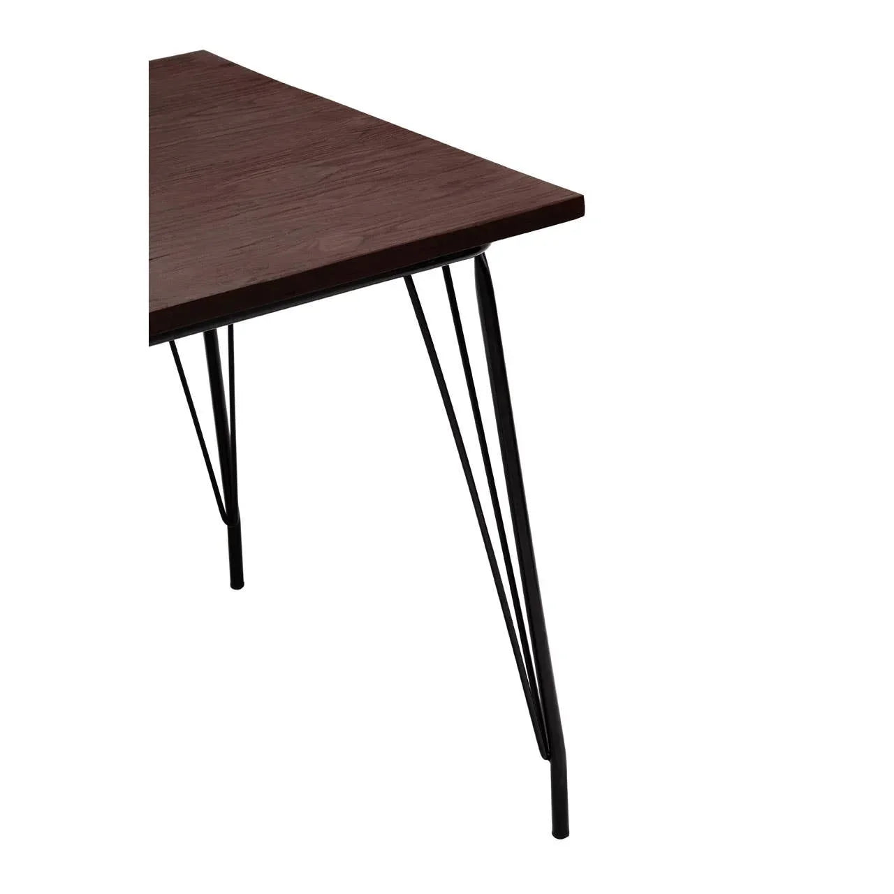 Walnut dining table corner with dark metal hairpin legs