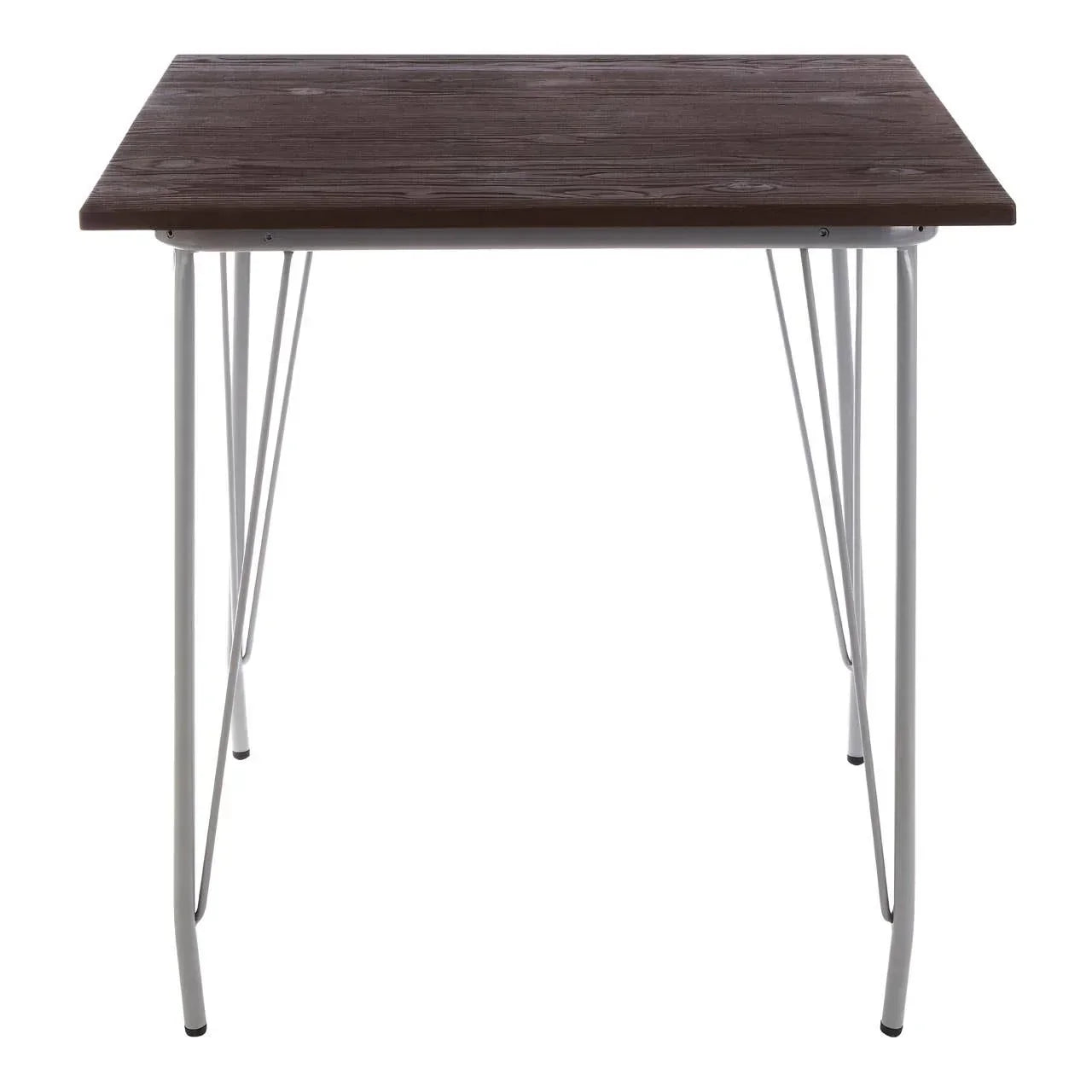 Square dining table with dark wood top and white metal hairpin legs, front view