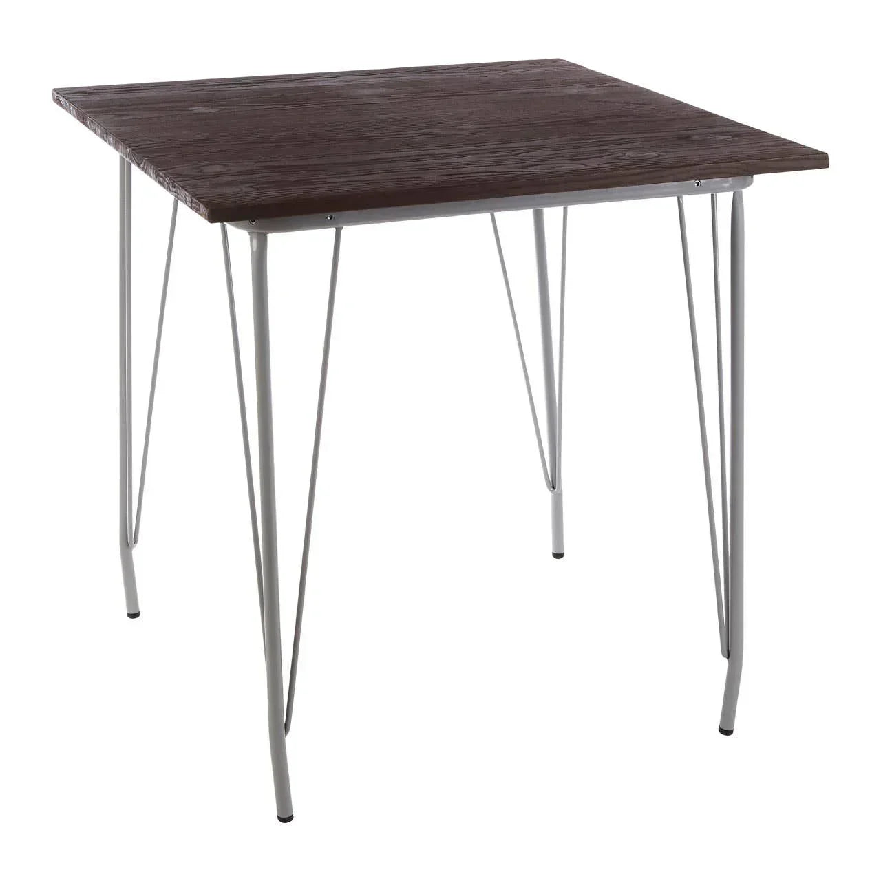 Square dining table with dark wood top and slim metal hairpin legs