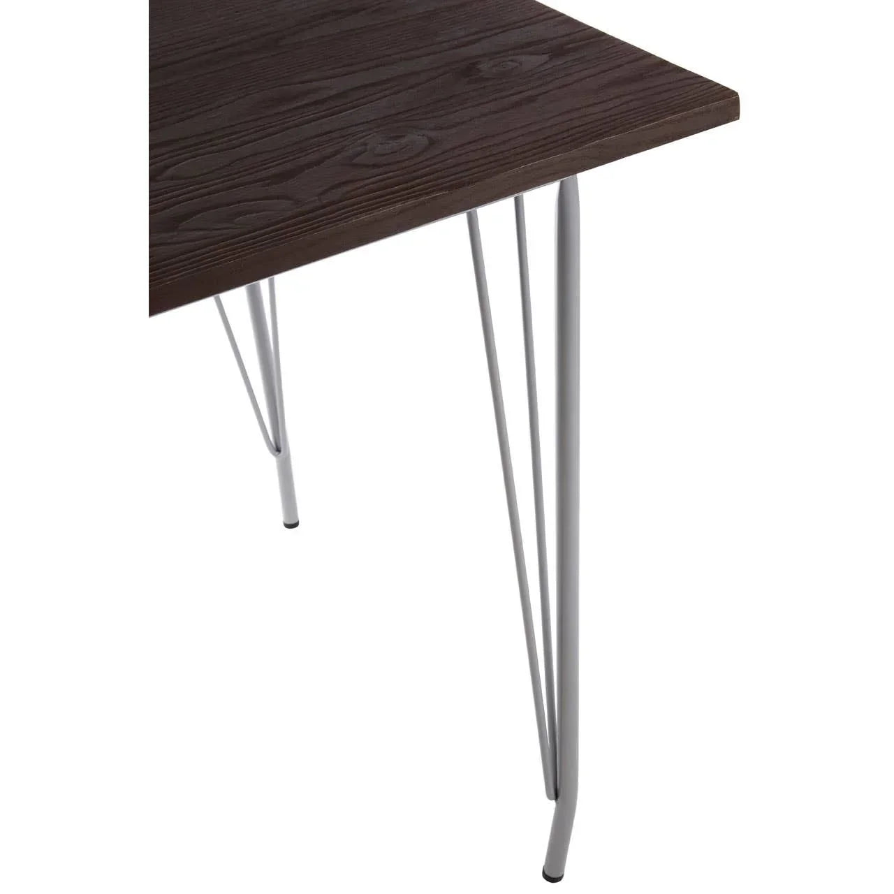 Walnut wood dining table corner with silver metal hairpin legs