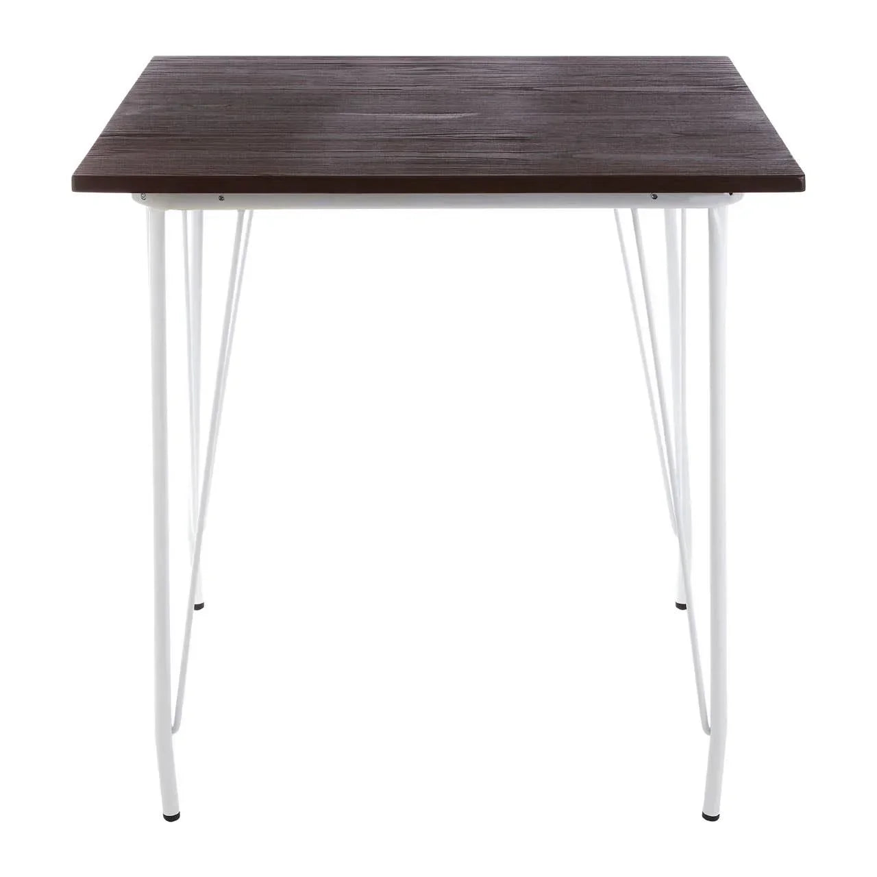 Square dining table with dark wood top and white metal legs, front view