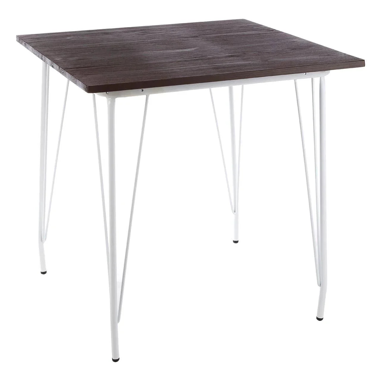 Square dining table with dark wood top and slim white metal legs