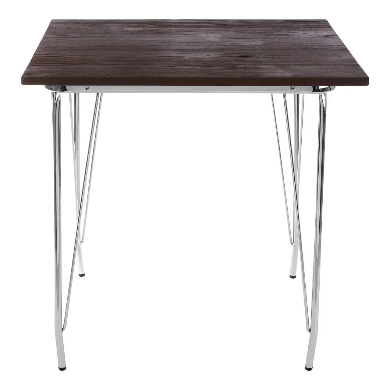 Modern dining table with dark wood top and chrome hairpin legs, front angle view