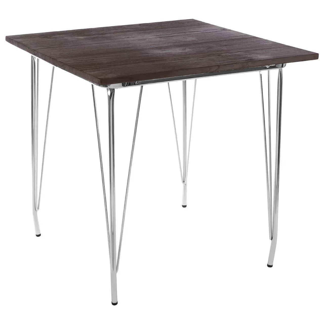 Square dining table with dark wood top and chrome hairpin legs