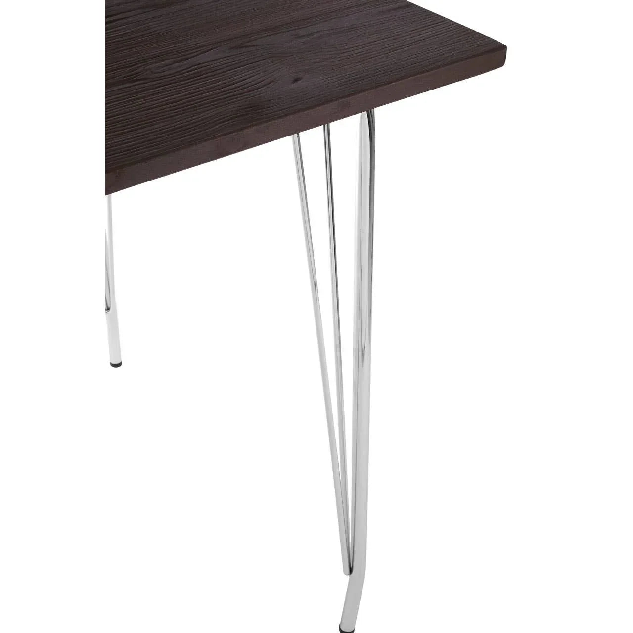Dark wood dining table with chrome hairpin legs, angled corner view