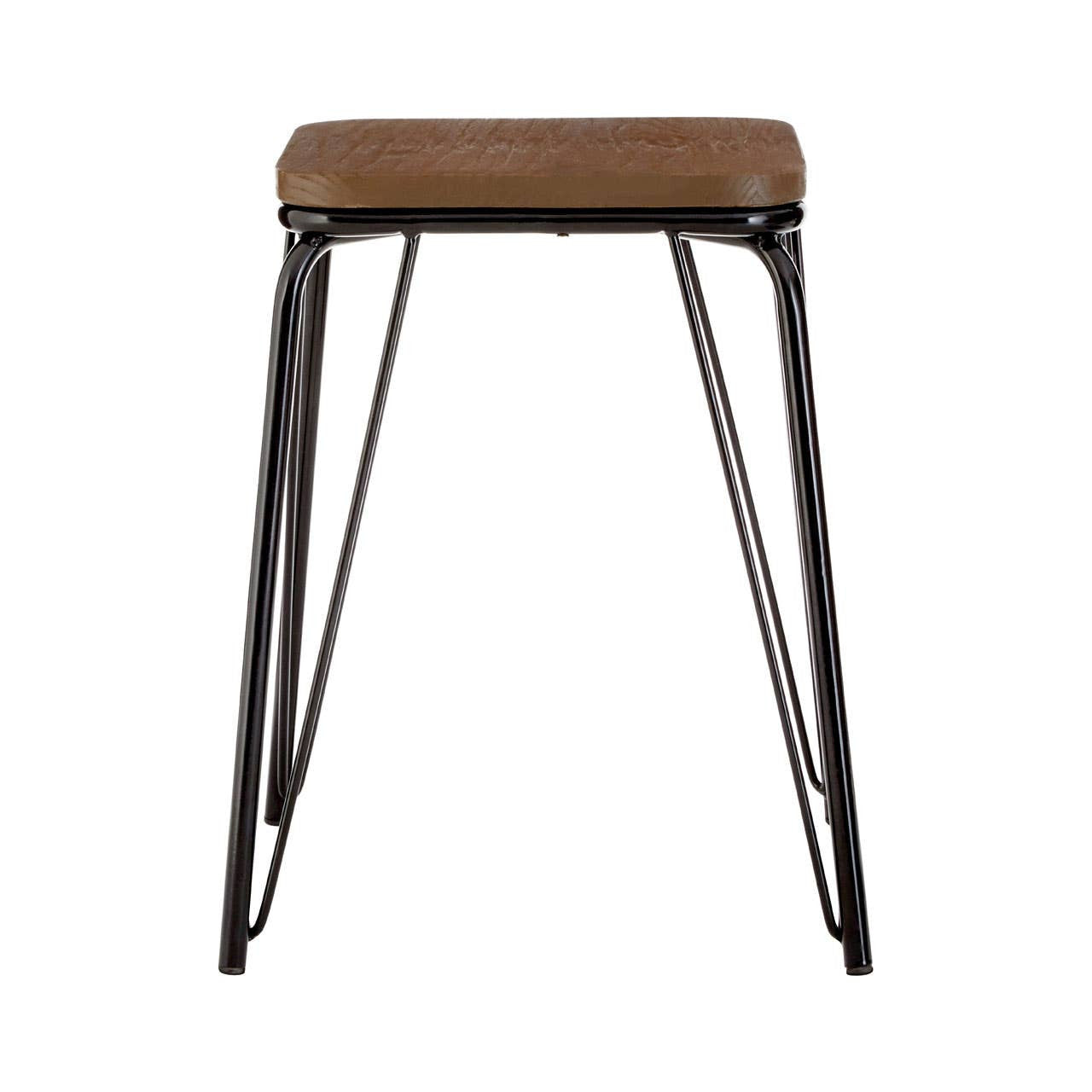 Small stool featuring a rectangular brown elm wood seat supported by a sleek black metal frame with four slender legs. The design is modern and minimalist, suitable for various home decor styles