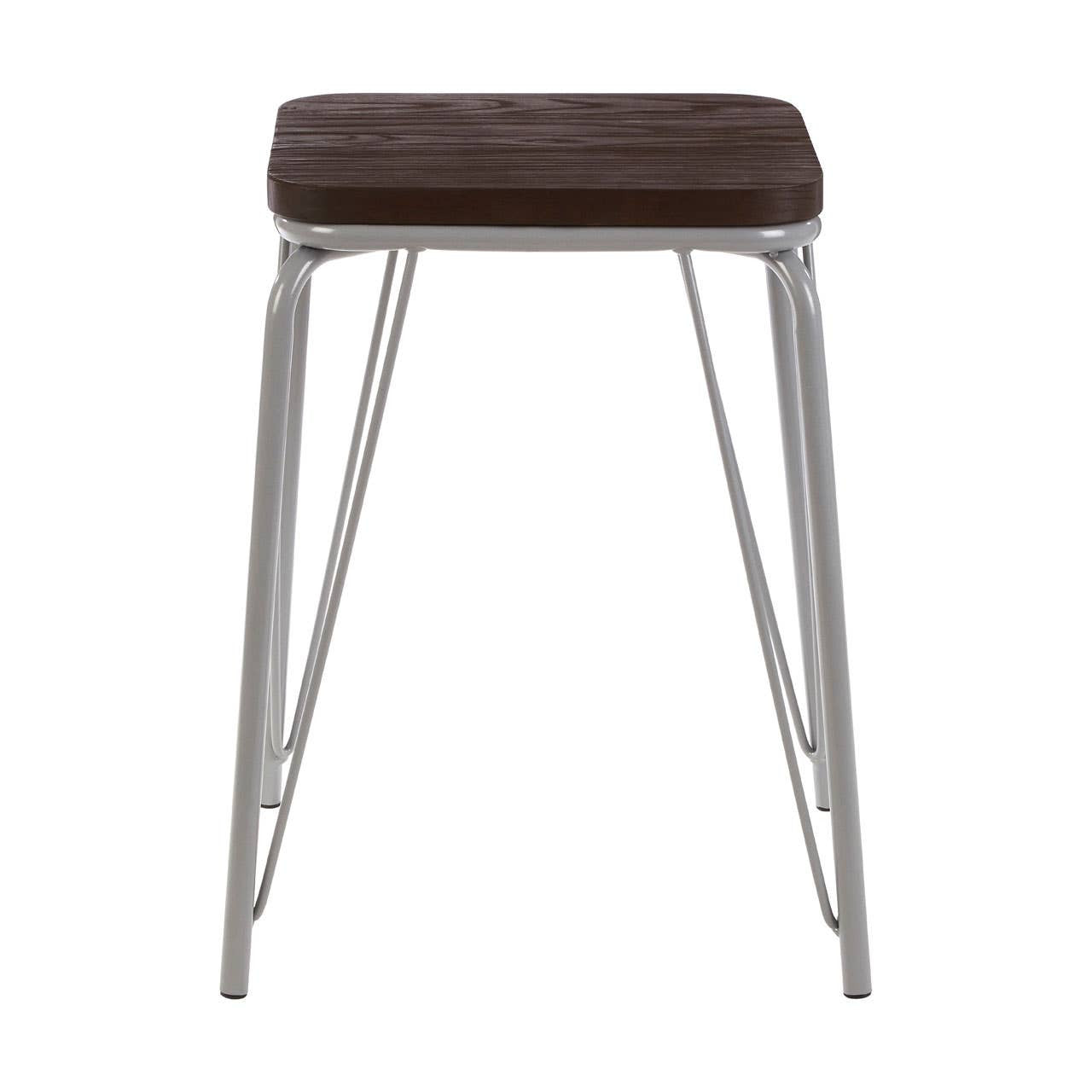 Small stool featuring a dark brown wood seat made of elm, supported by sleek grey metal legs with a modern design. The legs are angled and provide a sturdy base, while the overall look is minimalist and contemporary